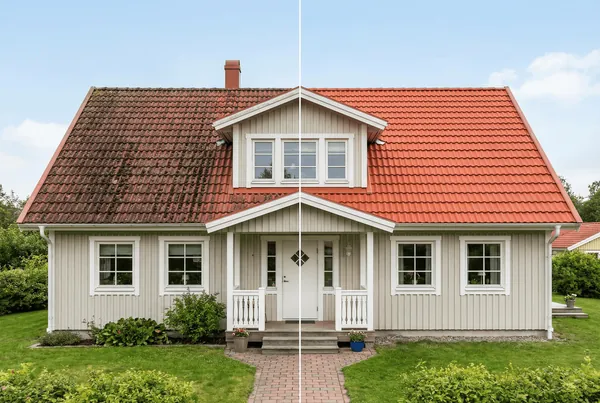 Ljusgrå villa med nymålat rött tak