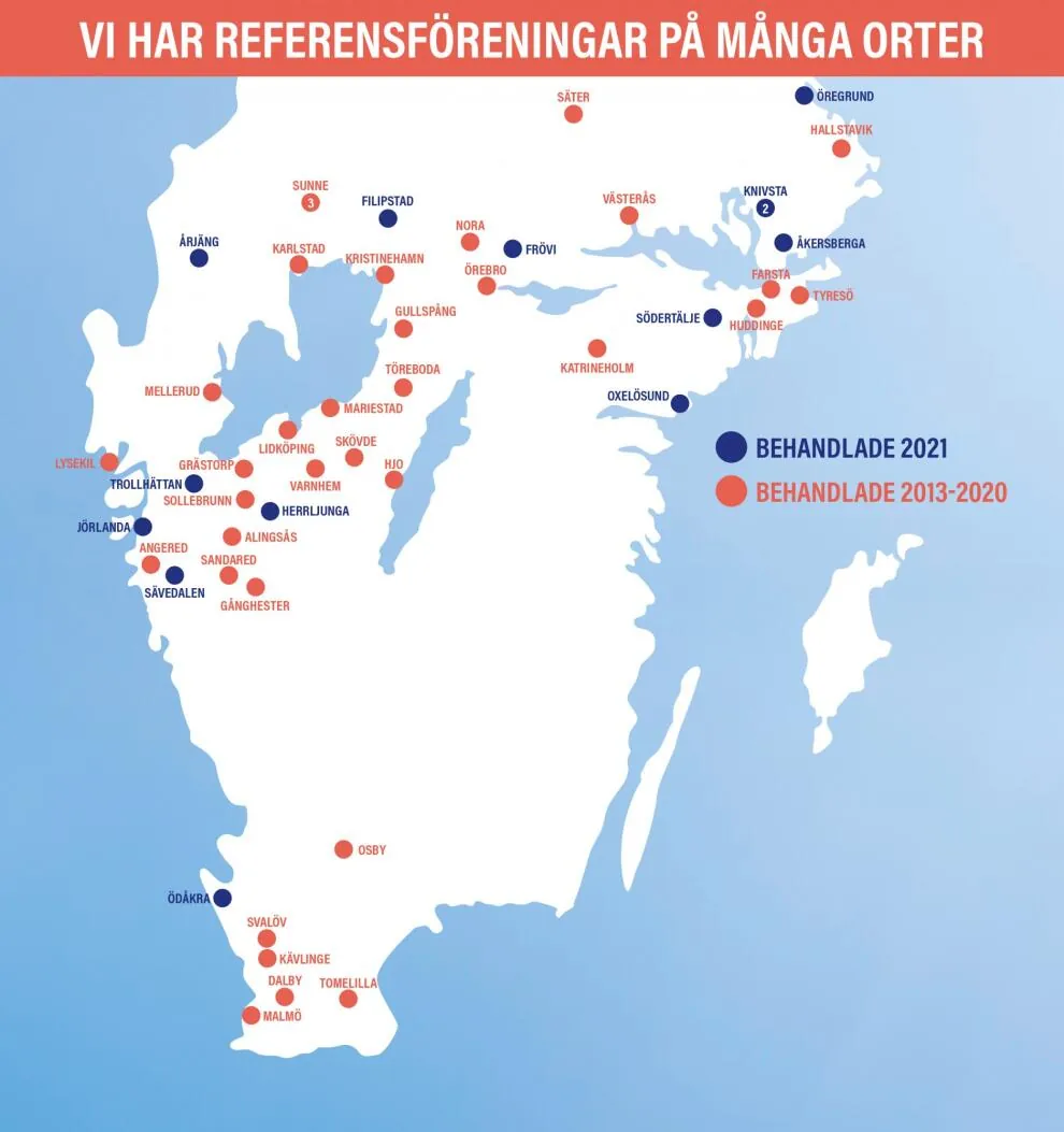 Karta över södra Sverige med orter där vi har behandlat tak åt bostadsrättsföreningar, 2013 till 2021