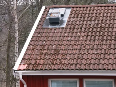 Före: mossbeväxt tak med takfönster hos BRF Österhöjden